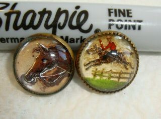 2 Vintage Glass & Metal Horse Picture Button Reverse Painted 5/8 "