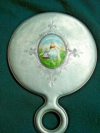 Vtg/antique Metal Beveled Hand Mirror W/porcelain Dutch Scene Cabochon - Charming