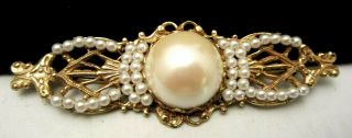 Rare Vintage 3” Signed Miriam Haskell Faux Pearl Brooch Pin A10