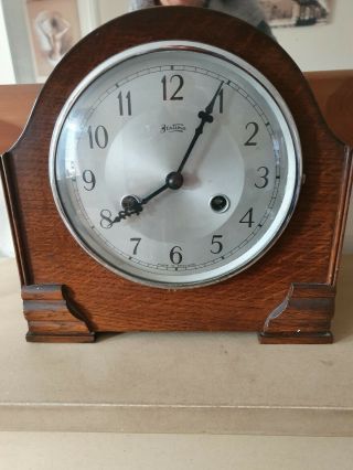 Vintage 40s/50s Bentima English Oak Cased Mantle Clock With Westminster Chimes.