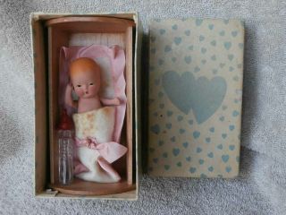 Vintage K & H Kerr Hinz All Bisque Baby Doll In Cradle W/ Box