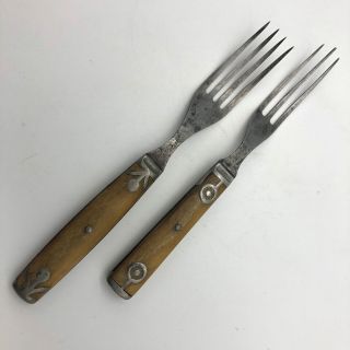 2 Antique Civil War Era Forks Wood Handles 3 And 4 Tine Primitive