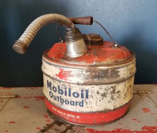Vintage 2 1/2 Gallon Mobil Outboard Motor Oil Can / Rare