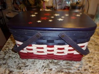 Longaberger Rare Americana Medium Market Basket Wood Lid Insulated Coolor Flag