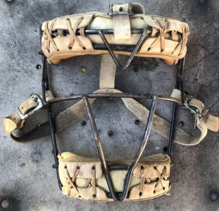 Antique Early Steel Iron And Leather Baseball Catchers Umpire Caged Mask Vintage