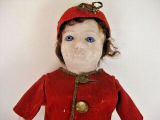 12 " Vintage Antique Wax Over Paper Mache Boy Doll With Glass Eyes