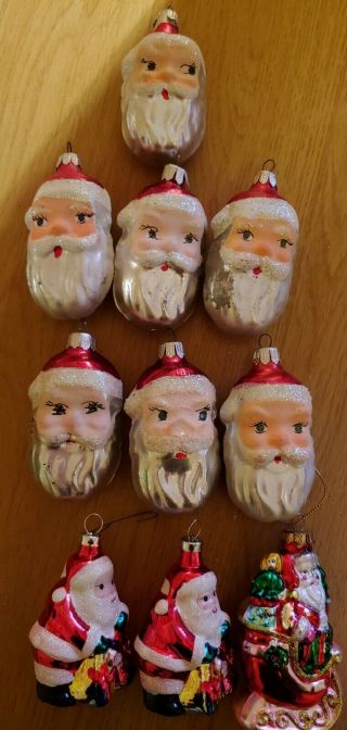 Set Of 10 Assorted Vintage Antique Glass Santa Ornaments Red Glitter Accents 3 "
