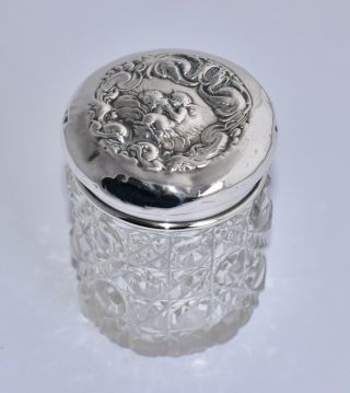 1901 Levi & Salaman Sterling Silver & Cut Glass Lidded Vanity Jar - Angel Lid