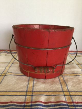 Vintage Small Red Wood Bucket With Wire Bale Wood Handle