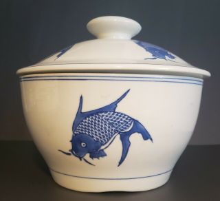 Vintage China Blue And White Soup Bowl With Lid Fish Design Porcelain