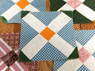 Early C 1850 - 60s Railroad Crossing Antique Quilt Blocks Blues Browns
