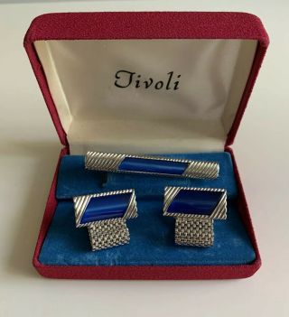 Vintage Tivoli Silver Tone Blue Enamel Cuff Links Tie Bar Clasp Set
