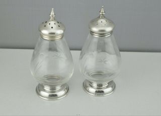 Vintage Sterling Silver Caps & Bases With Etched Glass Salt & Pepper Shakers