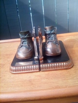 Antique Vintage Baby Shoes Book Ends; Bronzed With Markings.