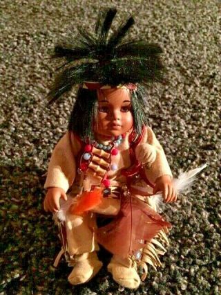 Native American 7 " Fully Decorated Porcelain Doll Of Young Boy Antique Rare Oop