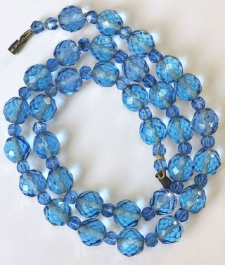 Vintage Antique Czech Crystal Cut Glass Blue Clear Faceted Beads Necklace Chain