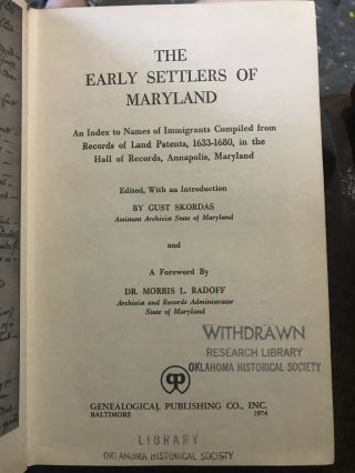 The Early Settlers Of Maryland An Index To Names Of Immigrants Genealogy Rare