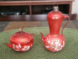 Set Of Two Antique Vintage Glass Teapot Christmas Ornaments