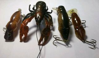 4 Vintage Crawfish Fishing Lures,  Bagley,  Rebel,  Hell - Bender,  One From Bill Dance.
