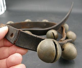 Antique 19th Century Brass Horse - Drawn Sleigh Bells Leather Belt Strap