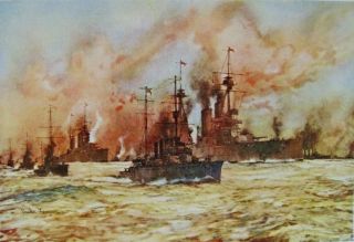 Antique 1917 Colour Print Ww1 Battle Cruisers Indomitable & Lion Rescue