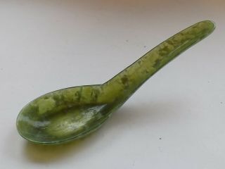 Antique Or Vintage Chinese Finely Hand Carved Green Spinach Jade Rice Spoon