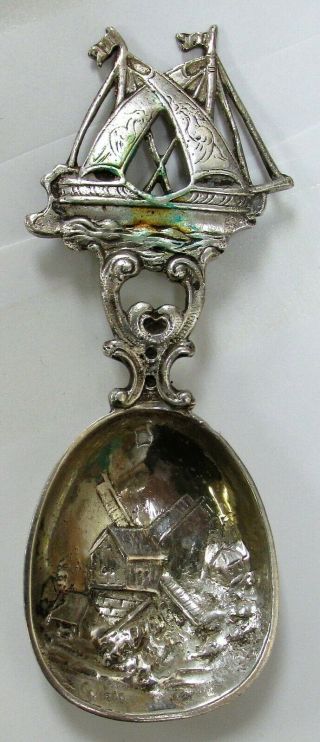 Tall Sailing Ships Stamped With German Silver Mark 800 Vintage Souvenir Spoon
