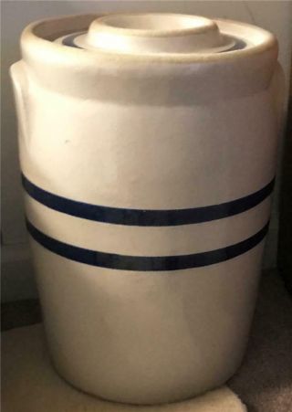 Antique 3 Gallon Beige & Blue Stripes Crown With Usa Butter Churn Crock W Lid