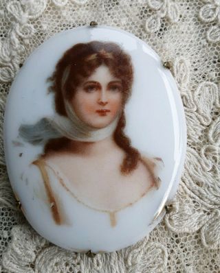 Antique Pretty Lady Porcelain And Brass Brooch Pin