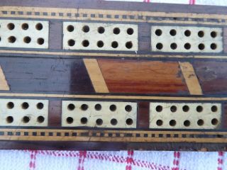 Antique Marquetry Wood Inlaid Cribbage Board Bone Rosewood Cards Wooden