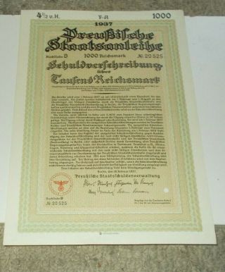 Nazi Germany Antique Paper Script War Bond 1937 1000 Reichsmark
