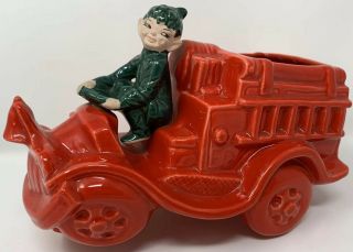 Vintage Rare Gilner Ceramic Elf Pixie On Fire Truck Planter Christmas