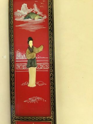 Oriental Mother Of Pearl Wooden Picture.  Red Lacquer