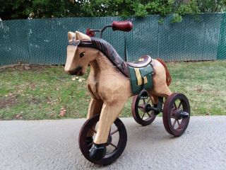 Vintage Primitve Folk Art Carved Wooden Horse On Wheels Decor