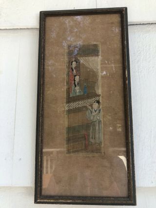 Antique Chinese Small Painting On Silk Two Sisters Figures Framed