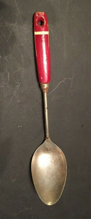 Vintage A&j Ekco Large Serving Spoon With Red Wood Handle.  Kitchen Antique