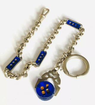 Antique Art Deco Silver Plated And Blue Glass Watch Chain And Spinner Fob