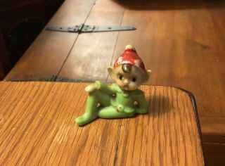 Vintage Antique Ceramic Elf/pixie Small Green Pointed Ears Sitting Figurine