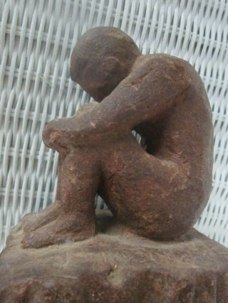Rare Signed Carving Of Naked Man With Arms Around Legs Thinking? Very Old