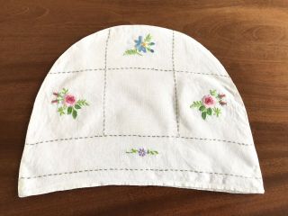 Vintage Hand Embroidered White Linen Tea Cosy Cover 14x11 Inches