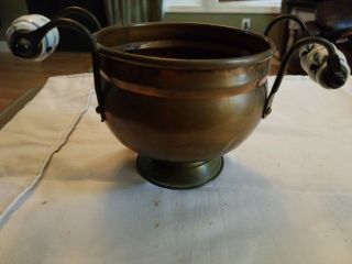 Antique/vtg Copper Brass Delft Blue White Ceramic Handle Cache Pot
