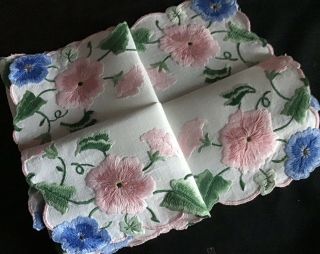 Vintage Linen Hand Embroidered Tray Cloth Pink & Blue Trailing Flora