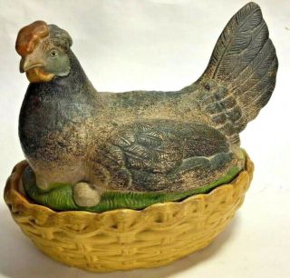 Vintage Large Primitive Ceramic Bisque Pottery Hen On Nest 8 " Chicken Dish L&c