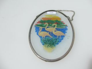 Stained Glass Window Hanger Leaded Panel Old Flamingos Birds Palm Trees Nature 2