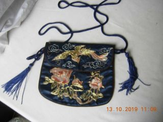 Embroidered Chinese Silk Purse Blue - With Gold And Pink Phoenix And Flowers