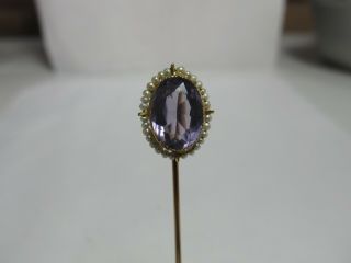 Antique 10k Solid Gold Stick Pin With 2.  00 Ct Oval Natural Amethyst & Pearls
