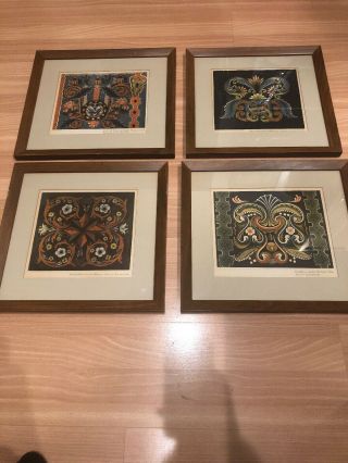 Rare Set Of 4 Mid Century Framed Rosemaling Prints From Norway