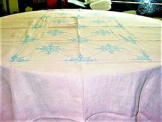 Vtg.  Linen Tablecloth Pink W/hand Embroideredbluesnowflakes,  64x80 " 1940 