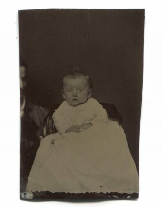 Antique 1/6 Plate Tintype Hidden Mother Photograph Of Baby In Christening Dress
