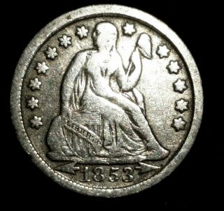 1853 Seated Liberty Dime With Arrows Antique Silver Coin Vintage 10 Cents